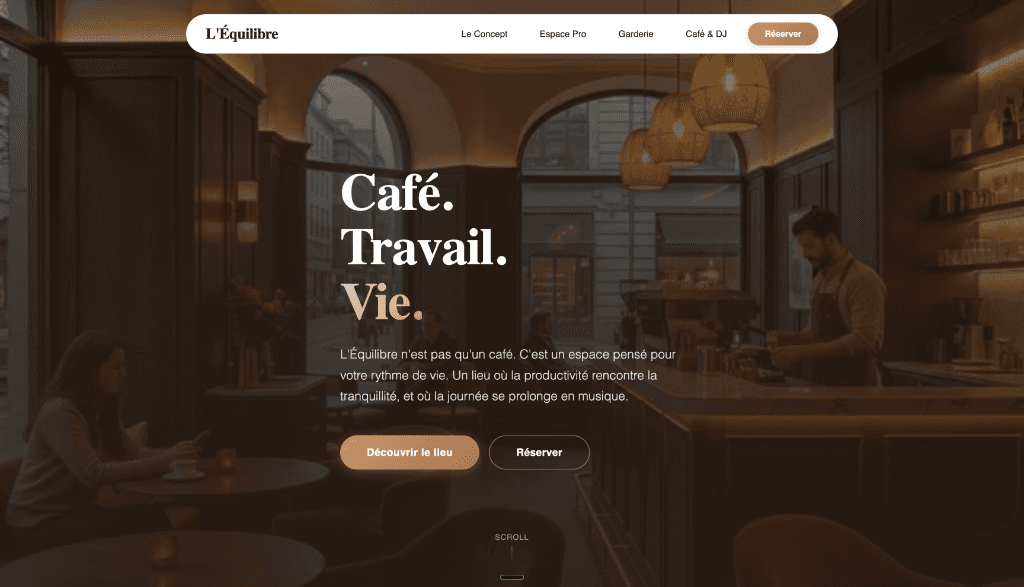 Page d’accueil du café L’Équilibre, une réalisation LaughTale